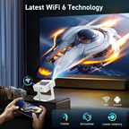HighPeak FUSION projector displaying spaceship game with WiFi 6 technology on large screen, showing tablet control interface