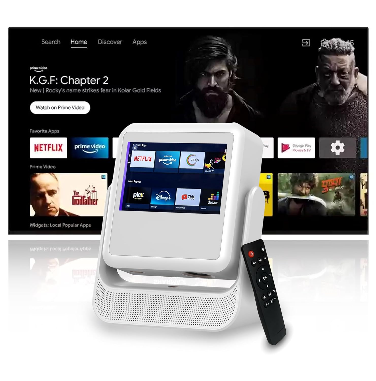 HighPeak FUSION projector displaying streaming apps interface with touchscreen tablet and remote control in white design