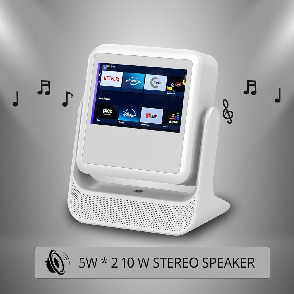 HighPeak FUSION projector displaying streaming apps on white smart tablet with built-in stereo speakers, music notes background