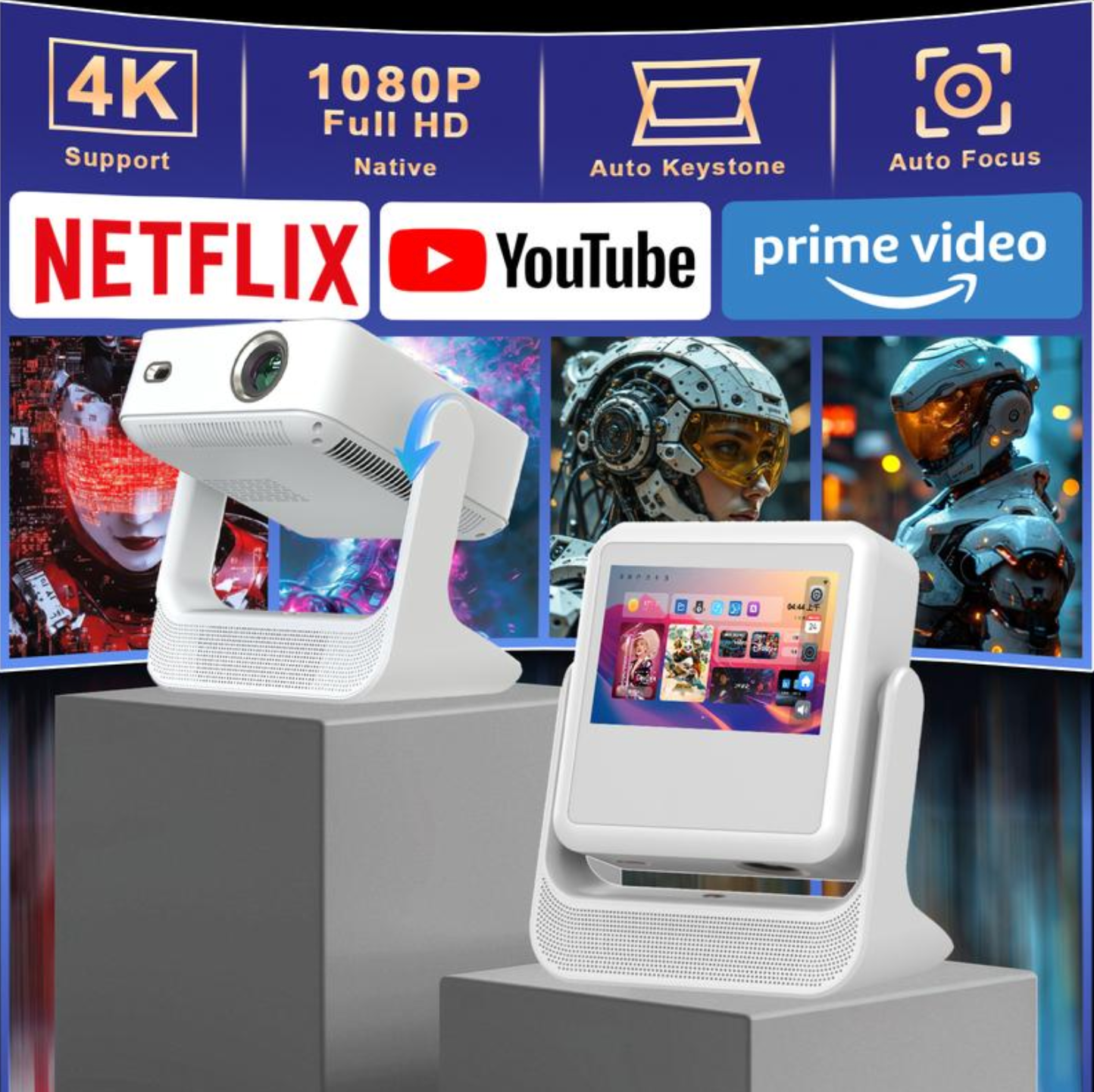 HighPeak FUSION projector with 8-inch touchscreen display showing streaming apps, 4K capability and white sleek design