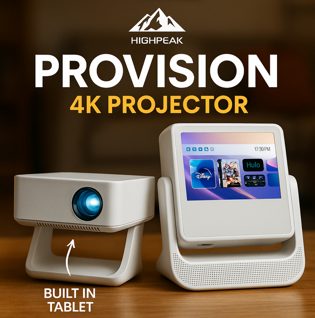 HighPeak FUSION projector with built-in tablet display showing streaming apps, positioned on wooden surface with blue lens glow