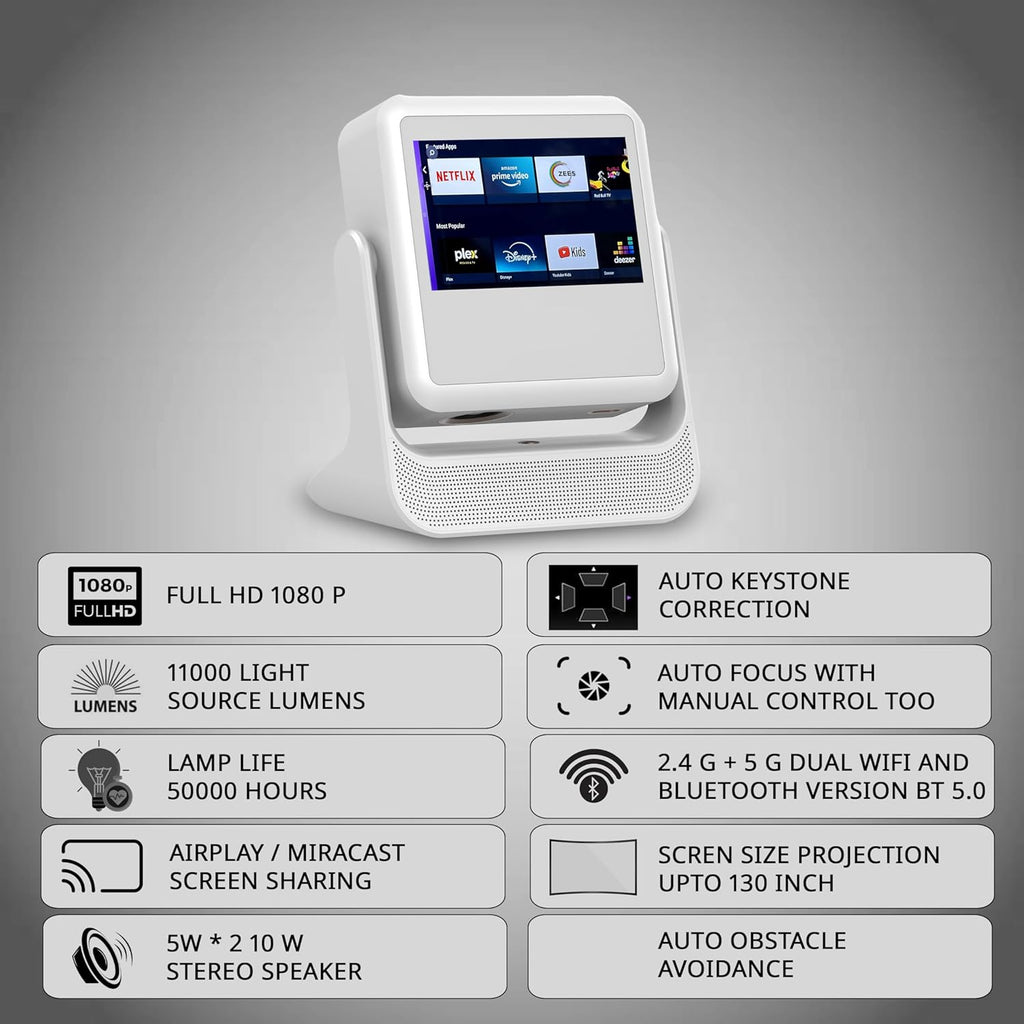 HighPeak FUSION projector with smart touchscreen display showing streaming apps in white modern design with built-in speaker
