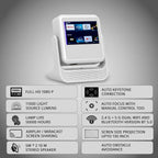 HighPeak FUSION projector with smart touchscreen display showing streaming apps in white modern design with built-in speaker