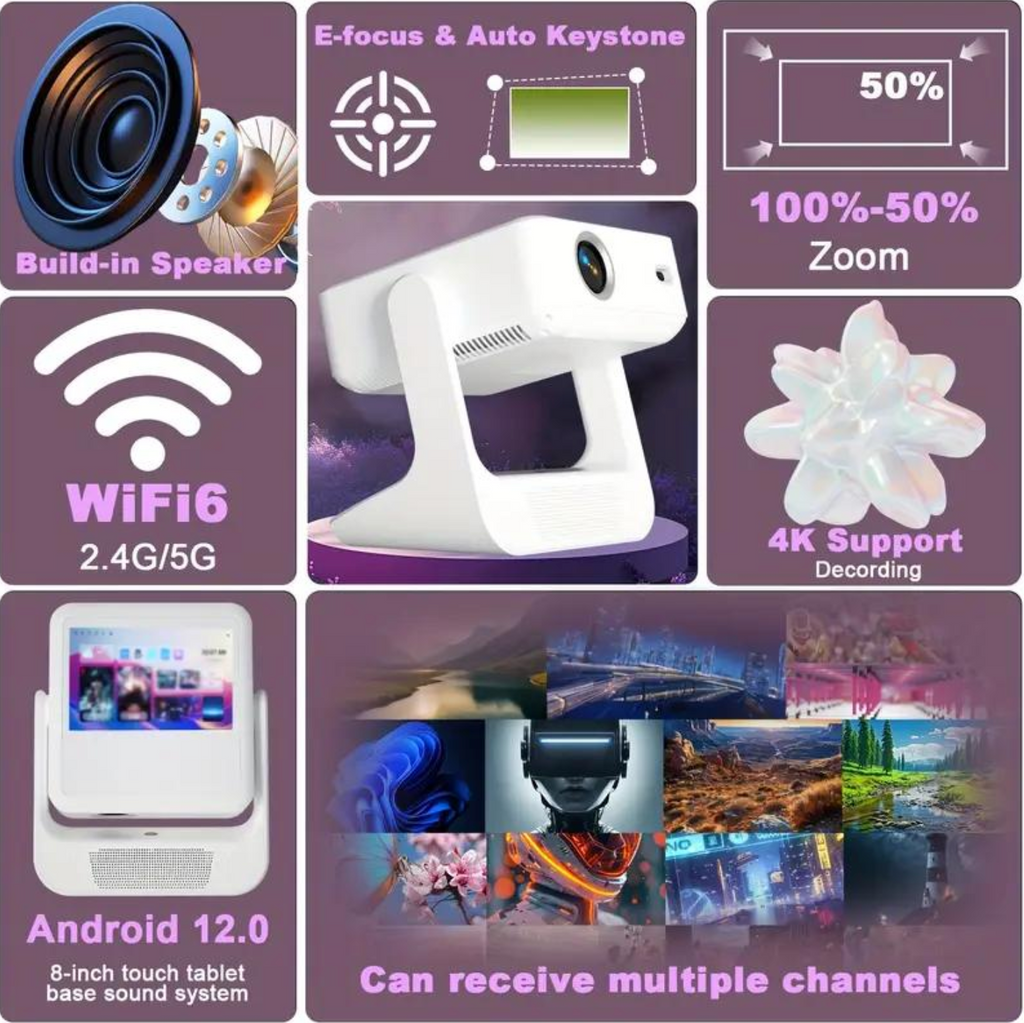 HighPeak FUSION projector with touchscreen display showing features: WiFi 6, Android 12, built-in speakers and 4K support
