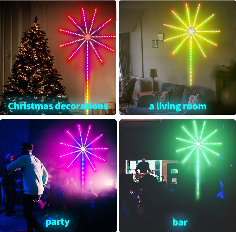 HighPeak Firework LEDs featuring LED Firework lights in various settings - Christmas tree, living room, party, and bar