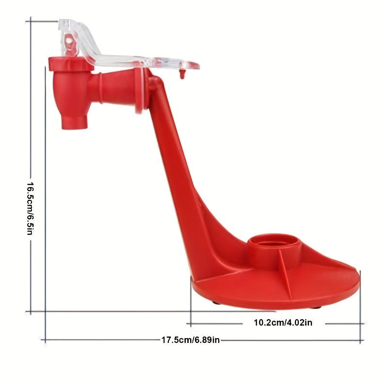 HighPeak FizzFlow soda dispenser in bright red with gravity-fed spout and bottle mount - dimensions shown on white background