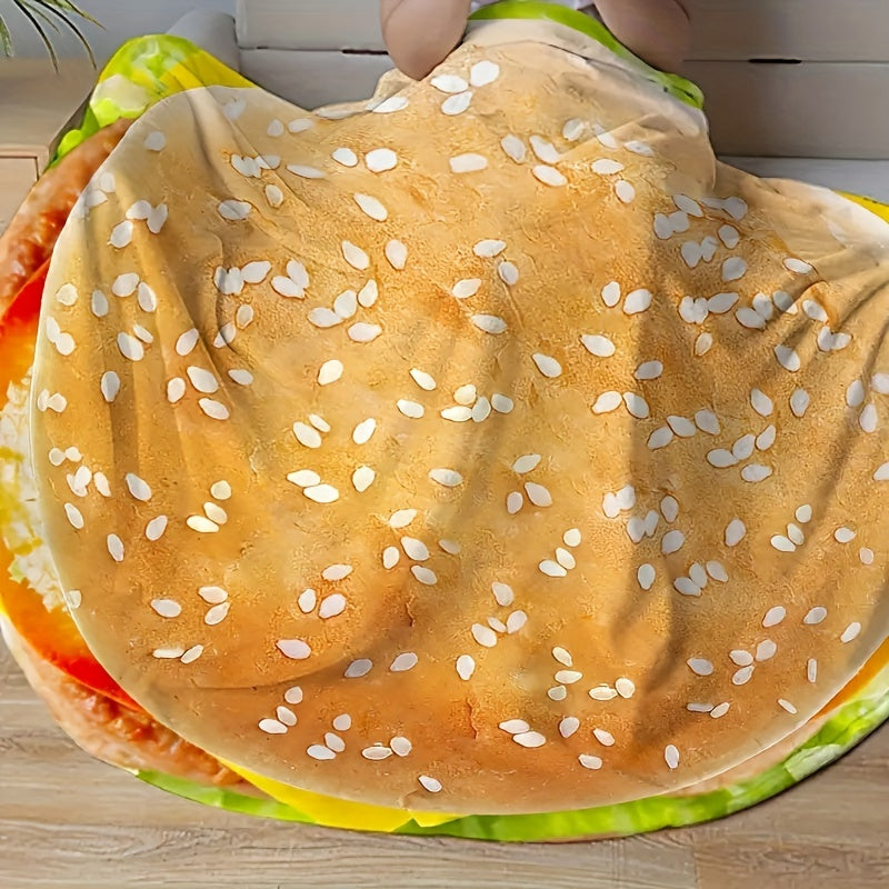 HighPeak Food Blanket burger design with sesame seed pattern, plush circular throw displayed on wooden floor