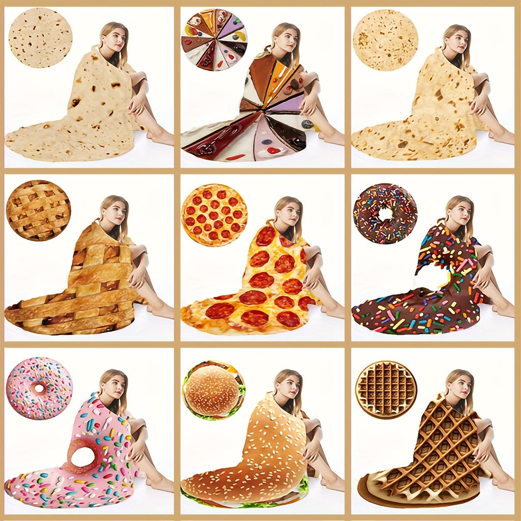 HighPeak Food Blanket collection featuring tortilla, pizza, donut, burger, waffle and cookie designs in soft plush material