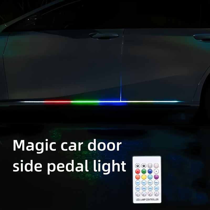 HighPeak GlowEdge LED car door light displaying vibrant RGB lighting strip with remote control on dark vehicle exterior