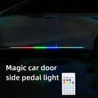 HighPeak GlowEdge LED car door light displaying vibrant RGB lighting strip with remote control on dark vehicle exterior