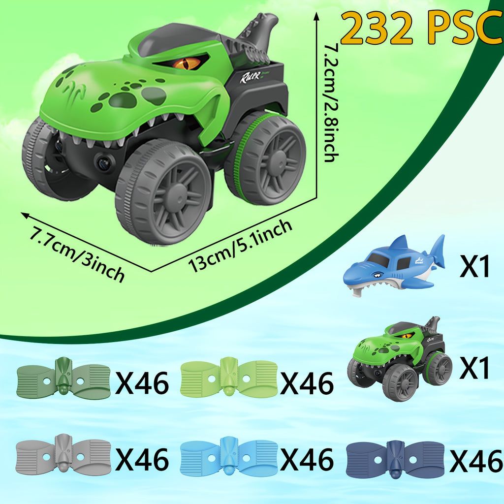 HighPeak GlowRacer dinosaur-themed toy car set with green T-Rex vehicle, track pieces, and blue shark car on neon background
