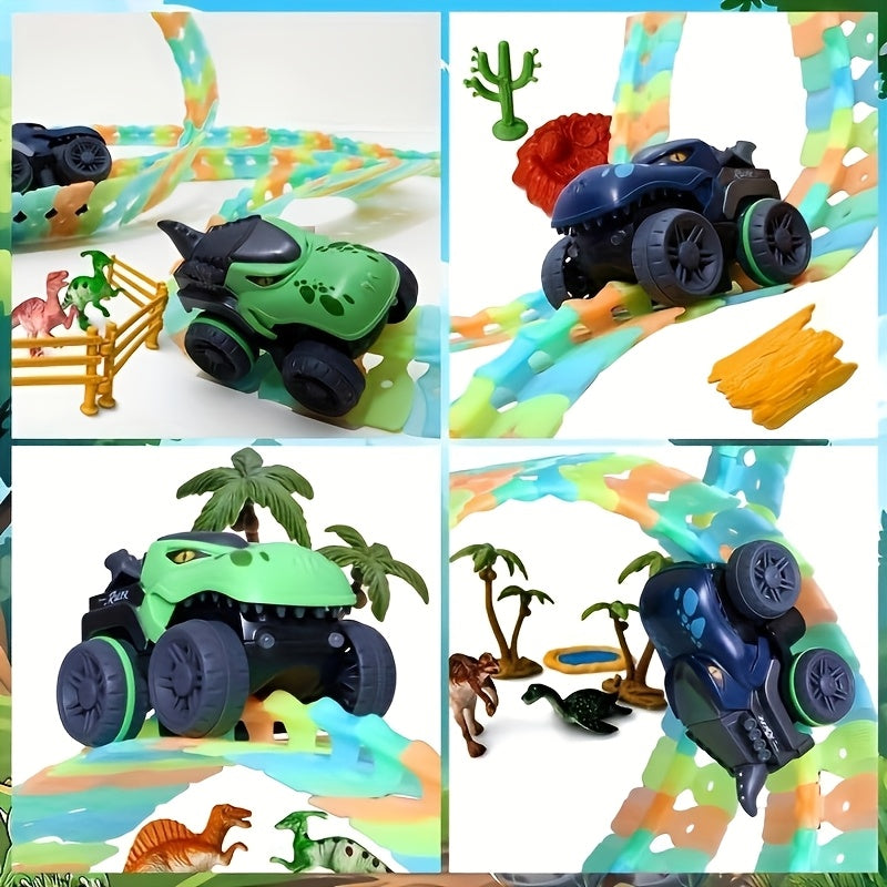 HighPeak GlowRacer dinosaur-themed toy cars racing on glowing track with palm trees and decorative accessories