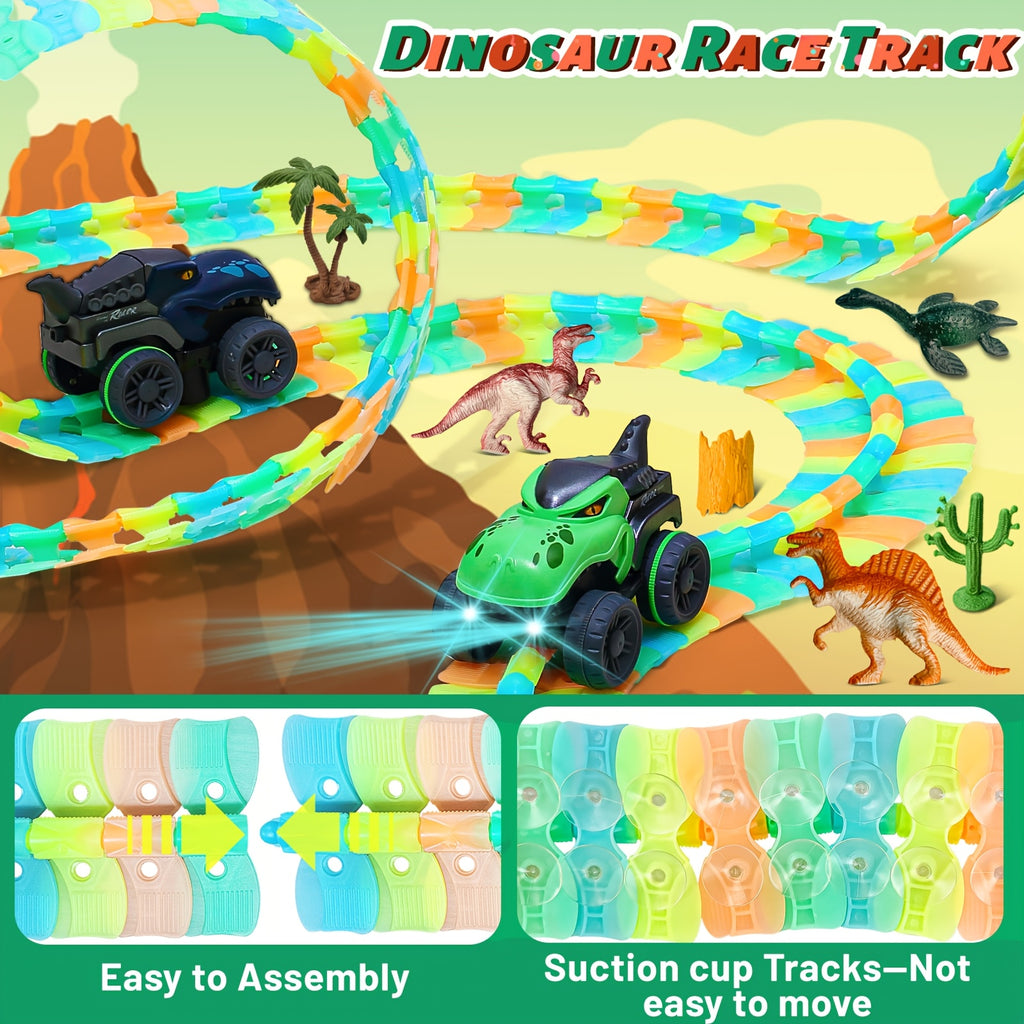 HighPeak GlowRacer dinosaur-themed track set with neon blue-green pieces, toy cars, and prehistoric figures in desert landscape