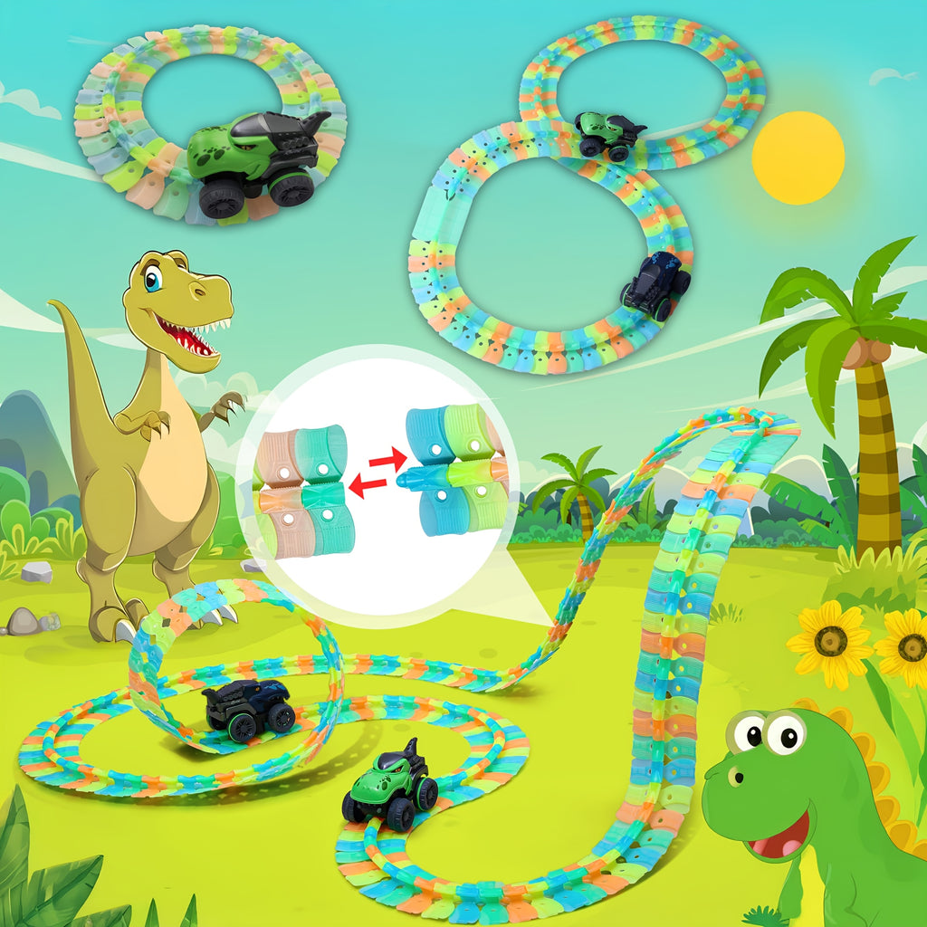 HighPeak GlowRacer flexible dinosaur-themed track set with neon pieces and LED cars in tropical dinosaur landscape