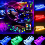 HighPeak GlowRide LED strips in car interior showing multicolor RGB lighting with music sync and remote control features