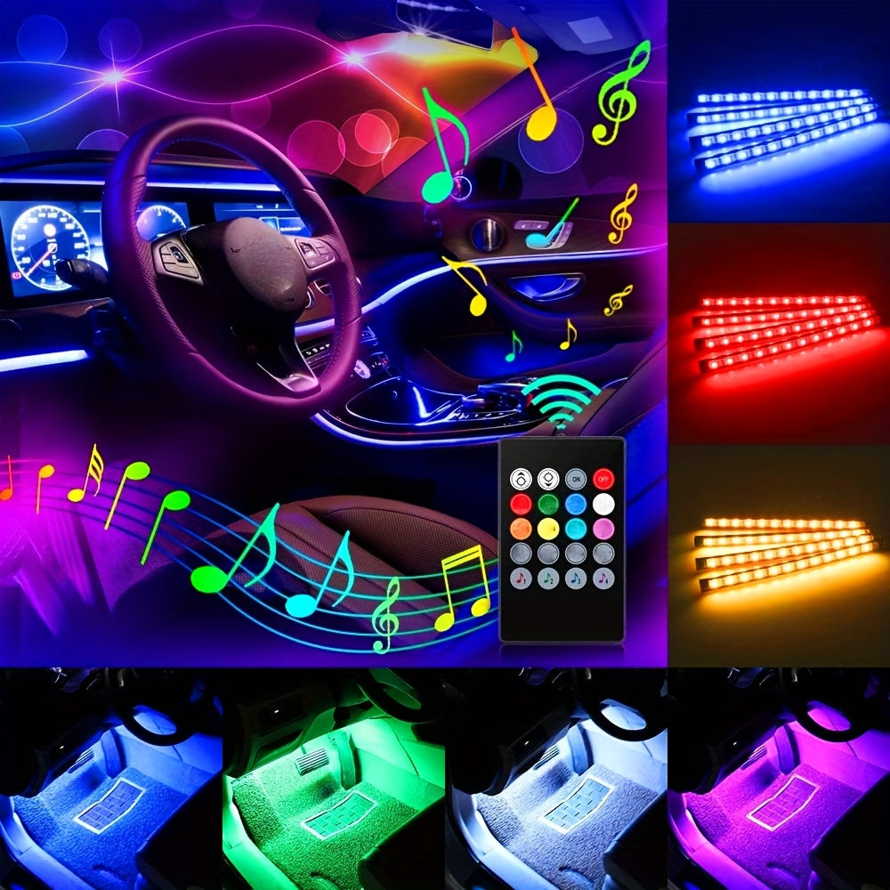 HighPeak GlowRide LED strips in car interior showing multicolor RGB lighting with music sync and remote control features