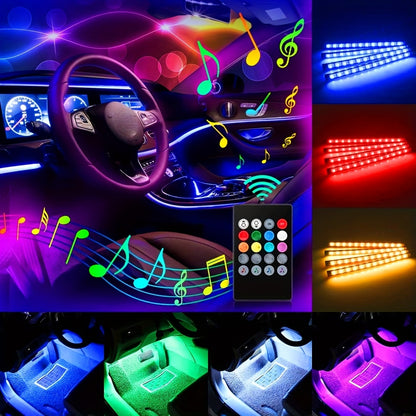 HighPeak GlowRide LED strips in car interior showing multicolor RGB lighting with music sync and remote control features