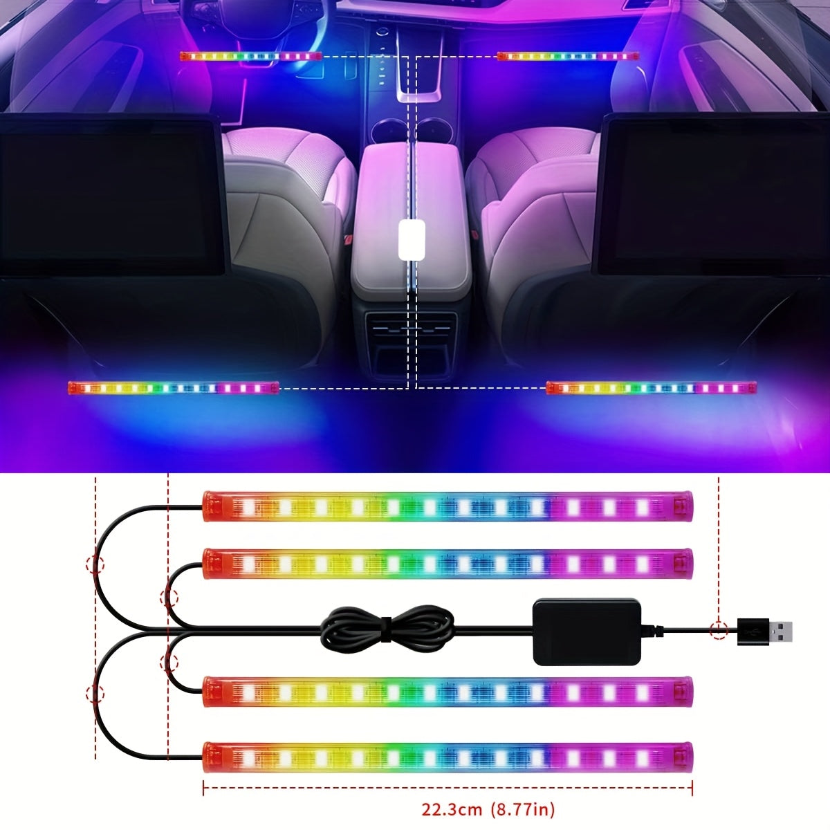 HighPeak GlowRide RGB LED light strips installed in car interior showing vibrant rainbow colors and USB connection setup