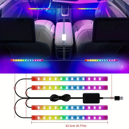 HighPeak GlowRide RGB LED light strips installed in car interior showing vibrant rainbow colors and USB connection setup