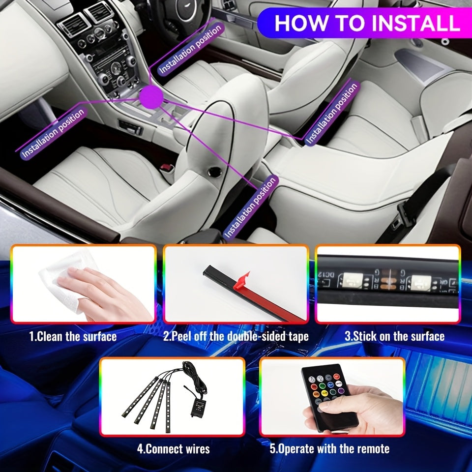 HighPeak GlowRide RGB LED light strips shown installed in luxury car interior with installation guide and remote control