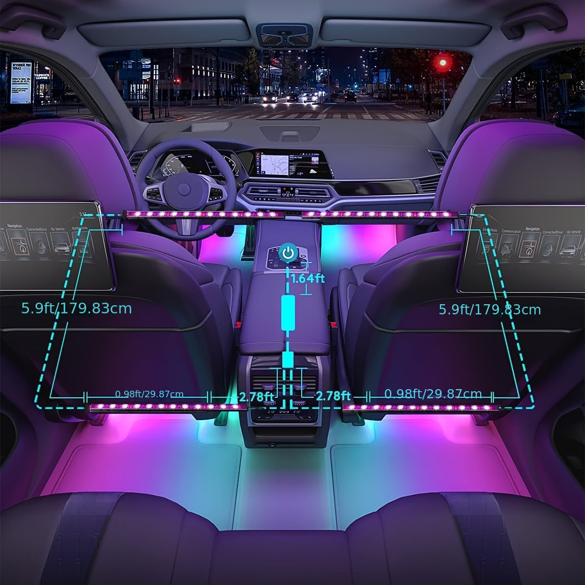 HighPeak GlowRide RGB LED strips illuminating modern car interior with purple and teal ambient lighting, installation measurements shown