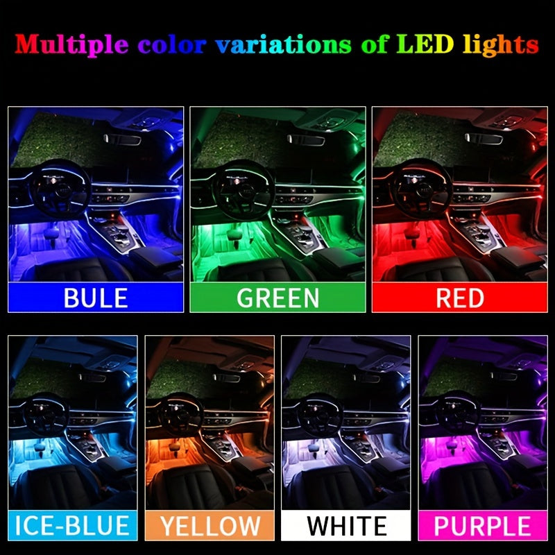HighPeak GlowRide RGB LED strips shown in 7 vibrant colors illuminating modern car interior dashboard and footwell spaces