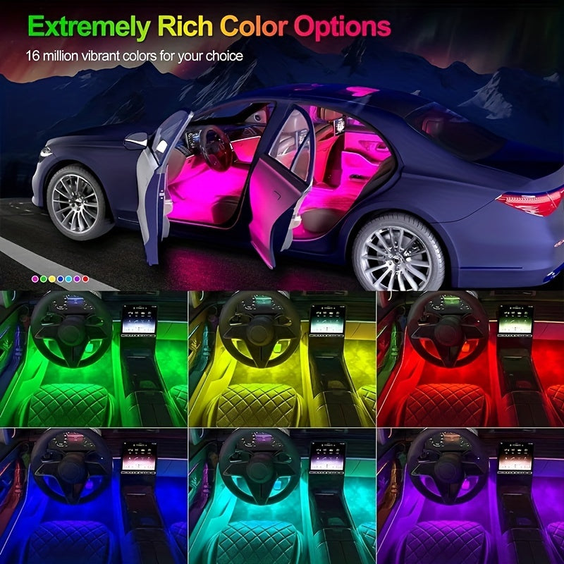 HighPeak GlowRide RGB car interior LED strips showing multiple color options from pink to blue in luxury sedan interior setup