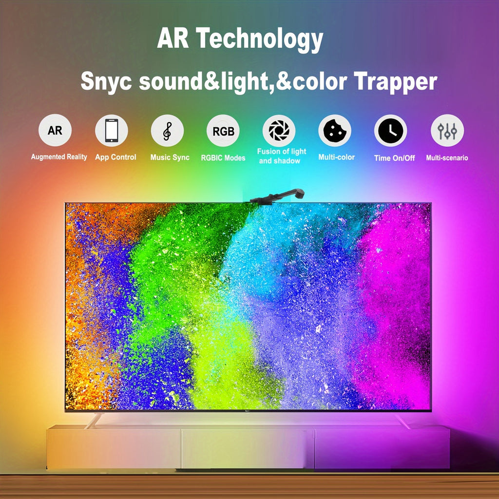 HighPeak GlowSync LED TV backlight demonstrating multicolor AR sync technology with vibrant rainbow lighting effects on display