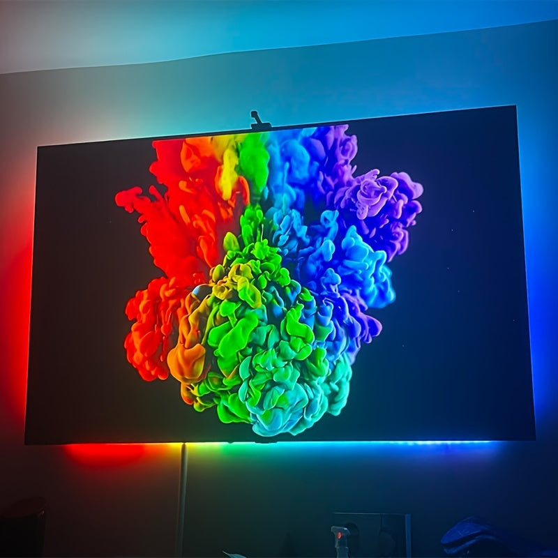 HighPeak GlowSync LED backlight displaying vibrant rainbow colors synced to TV screen with colorful smoke art display