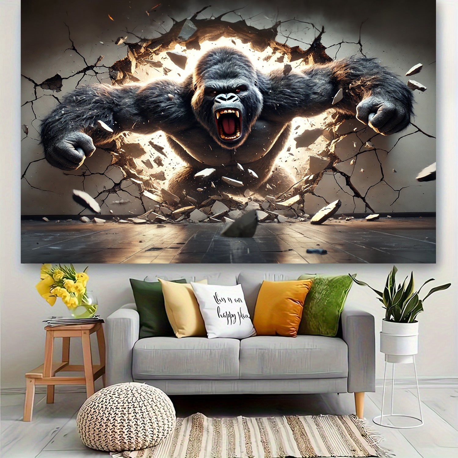 HighPeak Gorilla Breakout 3D tapestry showing fierce gorilla bursting through cracked wall with glowing light effect