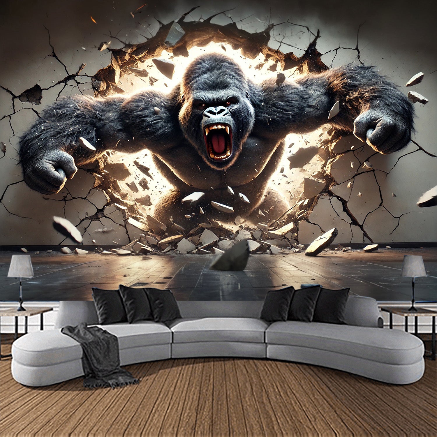 HighPeak Gorilla Breakout 3D tapestry showing fierce gorilla bursting through wall with dramatic lighting and debris effect