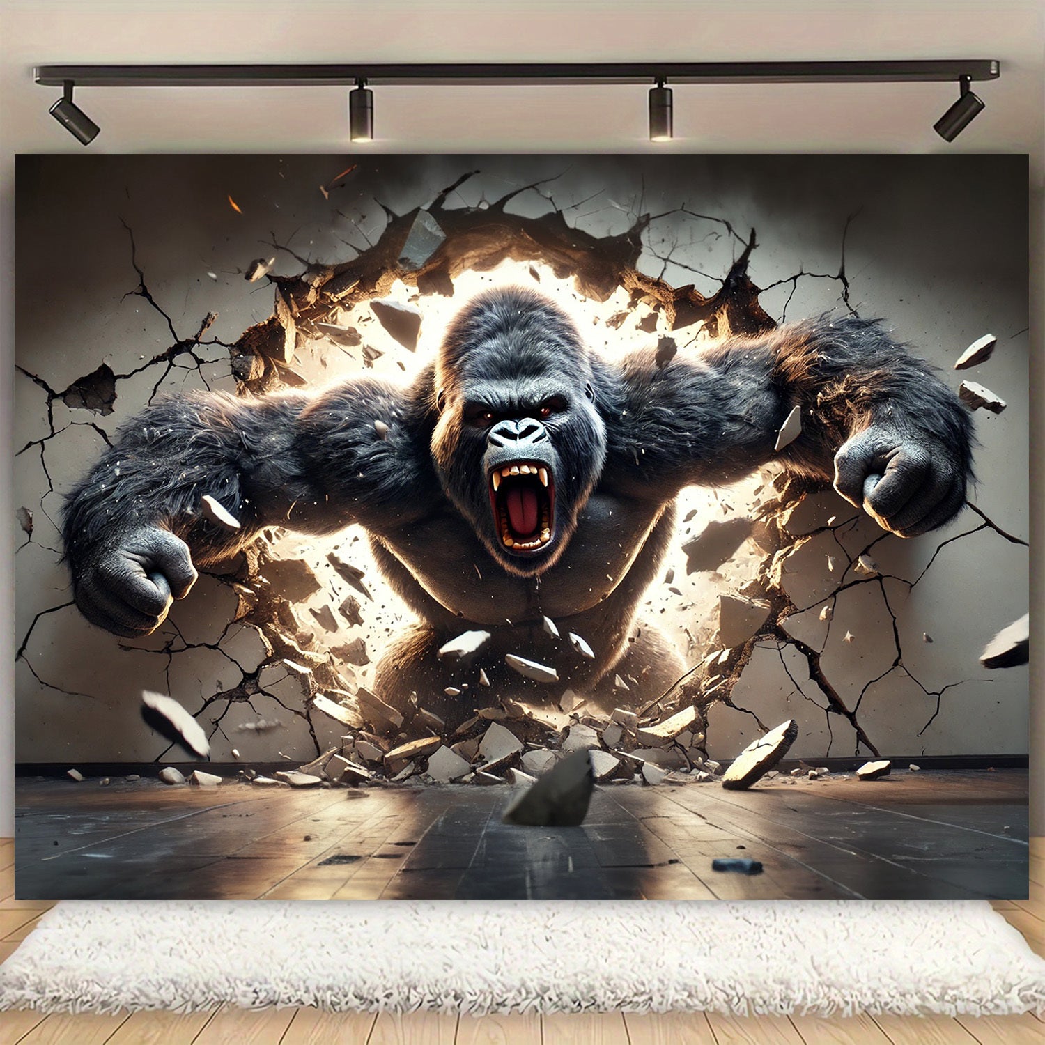 HighPeak Gorilla Breakout 3D wall tapestry featuring fierce gorilla bursting through cracked wall with dramatic lighting
