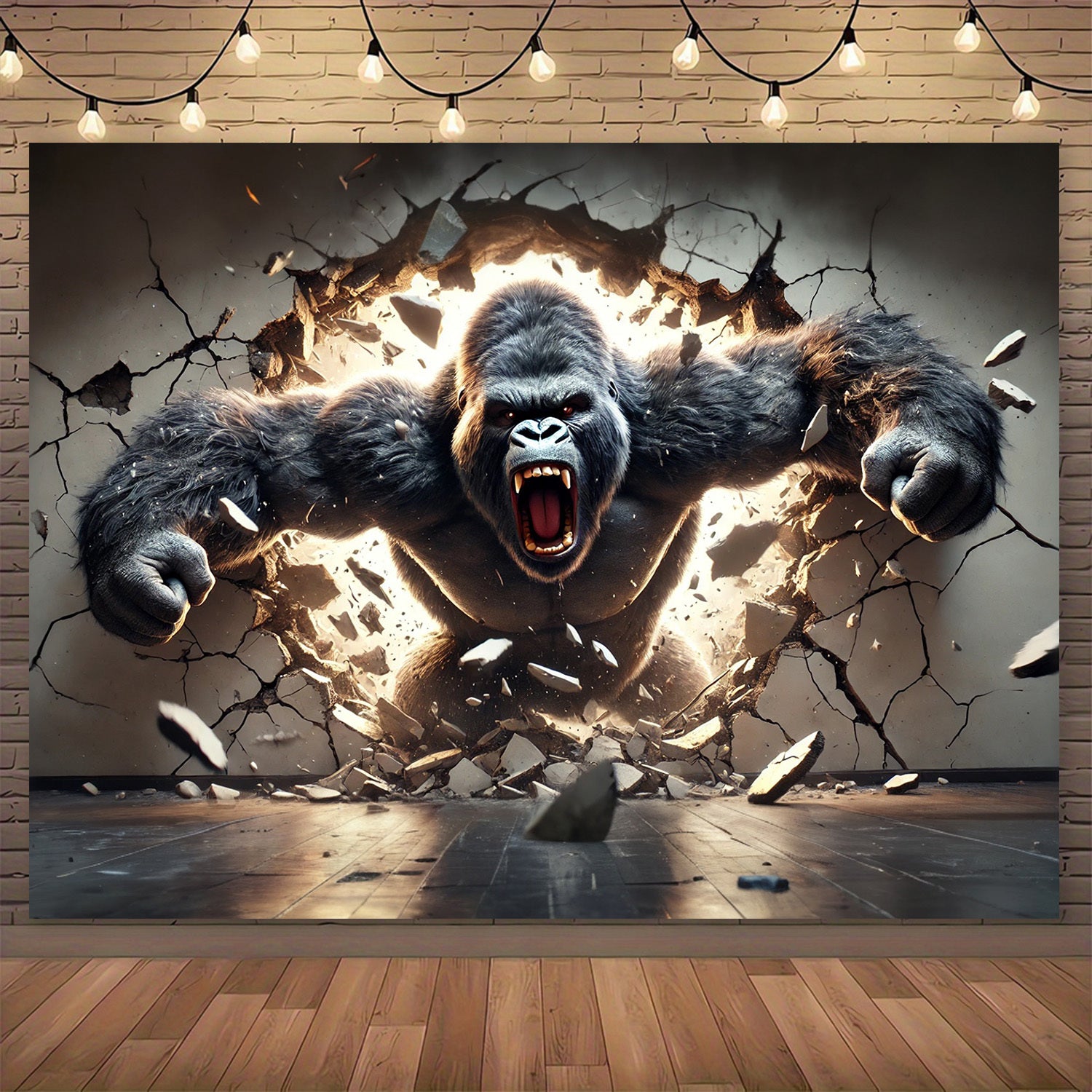 HighPeak Gorilla Breakout 3D wall tapestry featuring fierce gorilla bursting through cracked wall with dramatic lighting effect