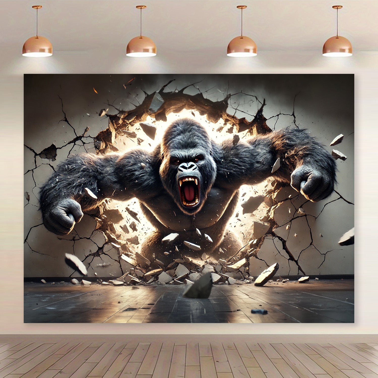 HighPeak Gorilla Breakout 3D wall tapestry featuring fierce gorilla bursting through cracked wall with dramatic lighting effects