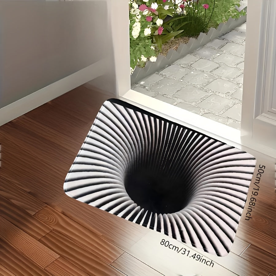 HighPeak Gravity Vortex 3D Illusion Mat featuring black and white spiral design creating optical depth effect on wooden floor