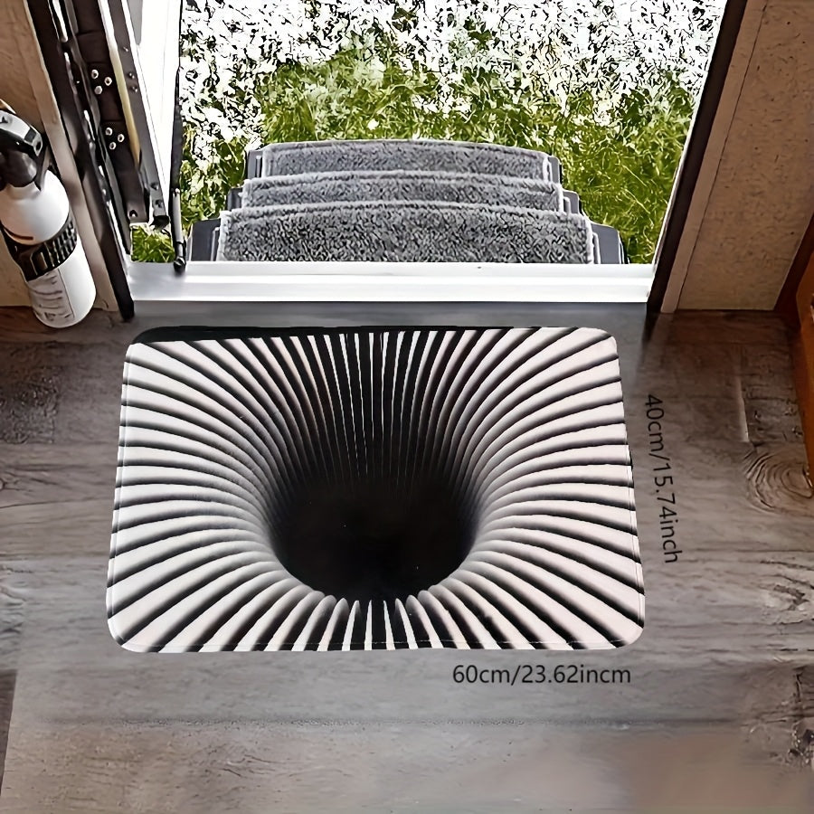 HighPeak Gravity Vortex 3D Illusion Mat featuring black and white spiral pattern creating realistic optical illusion on wooden floor