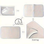 HighPeak Gravity Vortex 3D illusion mat packaging sequence showing folded white mat and ironing instructions for preparation