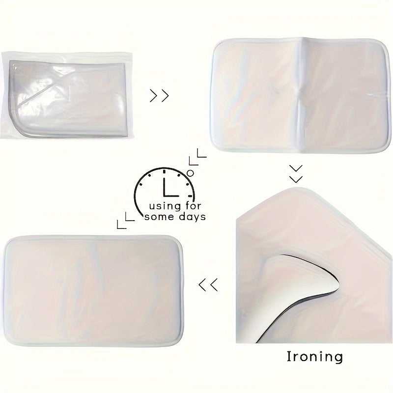 HighPeak Gravity Vortex 3D illusion mat packaging sequence showing folded white mat and ironing instructions for preparation