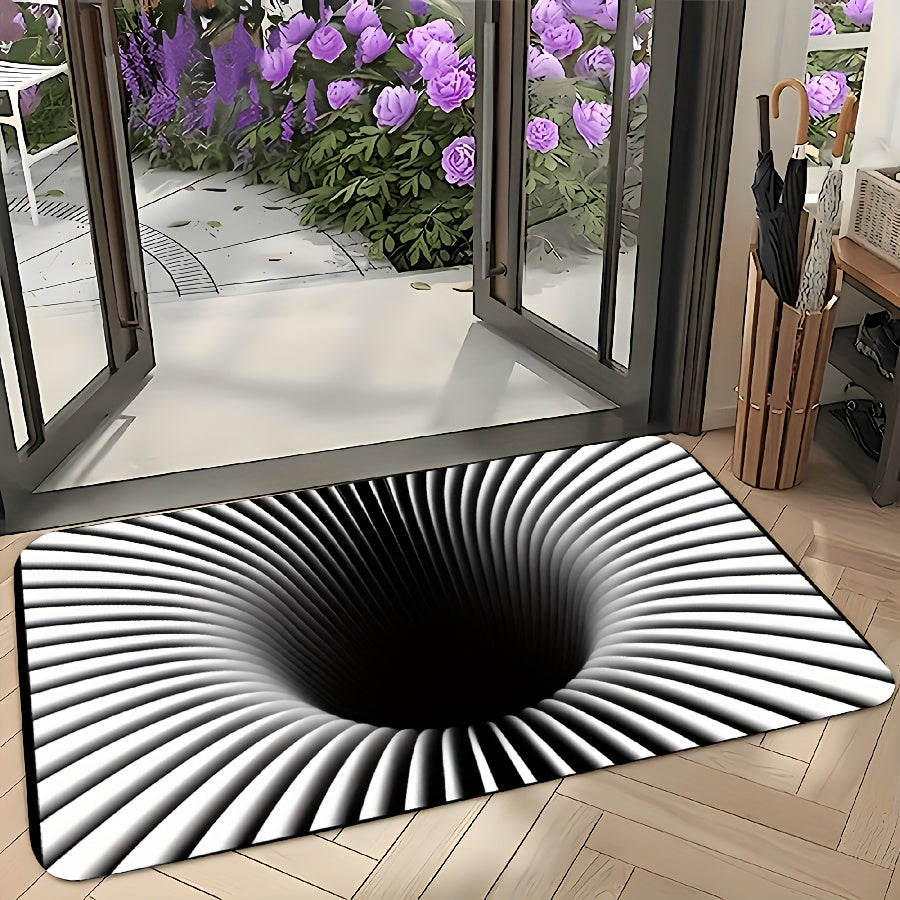 HighPeak Gravity Vortex 3D illusion mat with black and white spiral design creating optical depth effect on hardwood floor