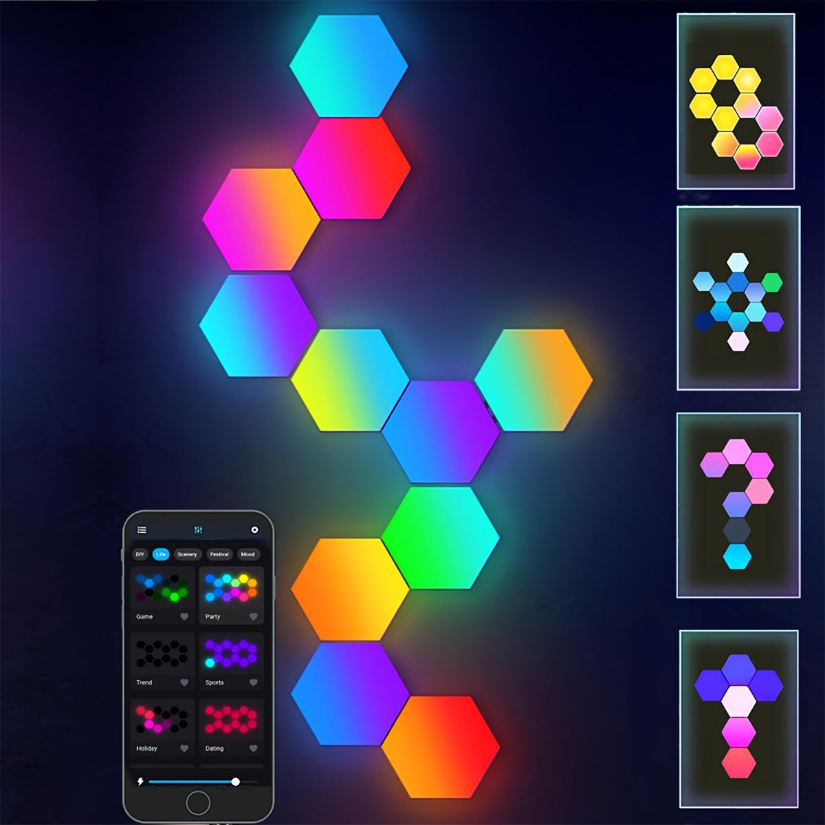 HighPeak HexLights modular LED panels in vibrant rainbow colors with app control display and pattern presets on dark background