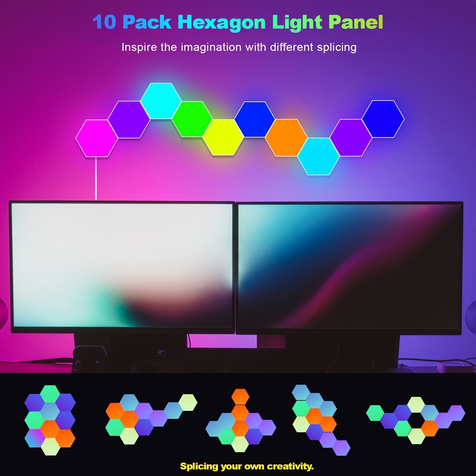 HighPeak HexLights modular RGB panels arranged in colorful pattern above dual monitors - smart LED gaming setup with rainbow glow
