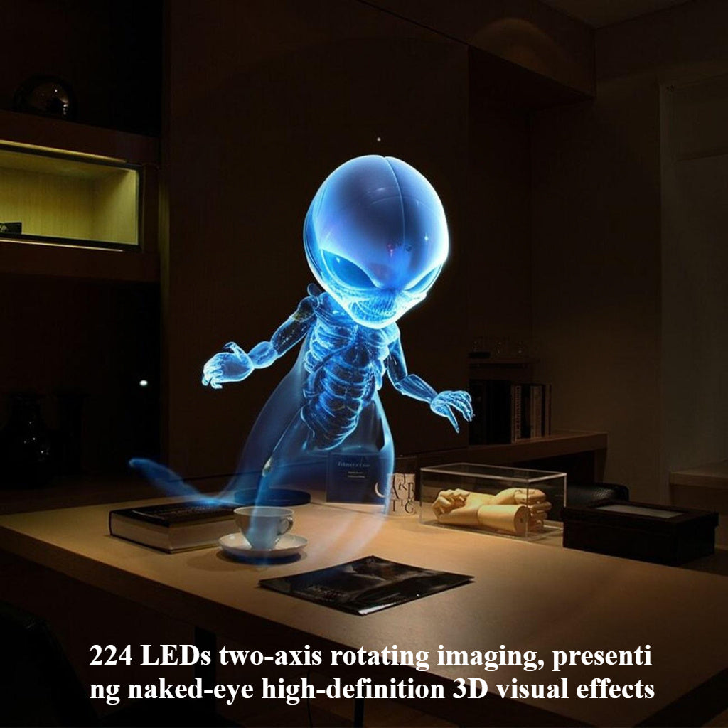 HighPeak HoloFrame 3D AirAura projecting bright blue holographic character on wooden desk - floating LED display effect