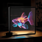HighPeak HoloFrame displaying vibrant 3D holographic fish in pink and blue LED projection, framed on illuminated desktop display