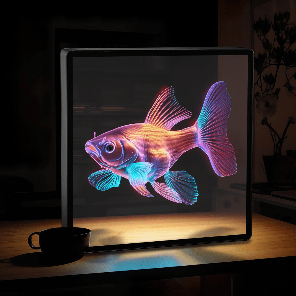 HighPeak HoloFrame displaying vibrant 3D holographic fish in pink and blue LED projection, framed on illuminated desktop display
