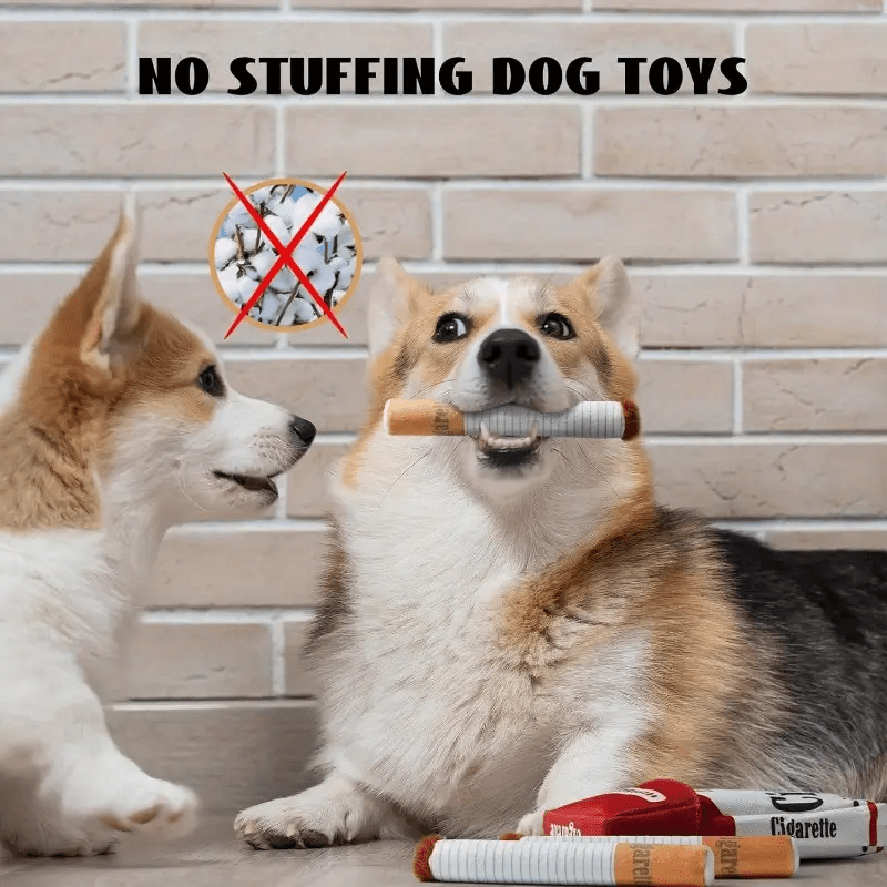 HighPeak HoundSmokes plush cigarette toy featuring two Corgis with soft plush cigarette toys against brick wall