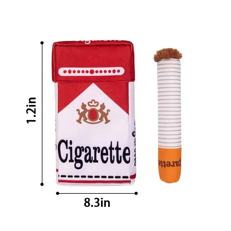 HighPeak HoundSmokes plush dog toy featuring red cigarette pack design with removable plush cigarette chew toy, 12in x 8.3in