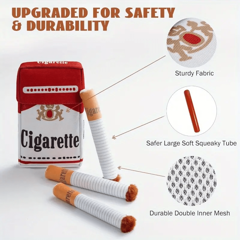 HighPeak HoundSmokes plush toy pack with red cigarette box design and squeaky chew sticks, featuring safety upgrades and durability