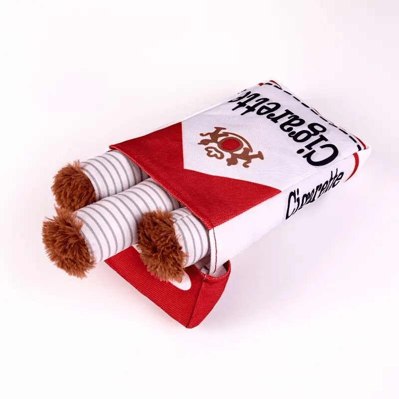 HighPeak HoundSmokes plush toy pack with three white and brown striped cigarette toys in red and white box on white background