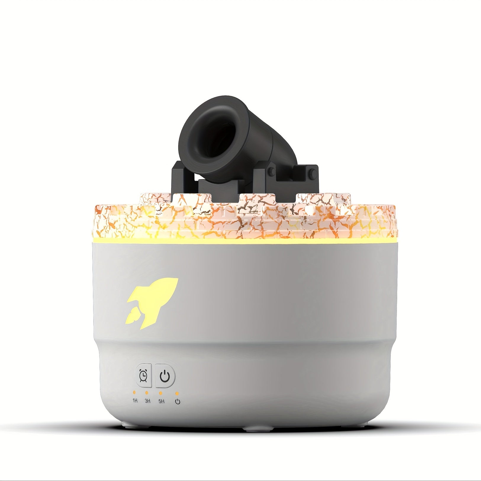 HighPeak HydroCannon humidifier in gray with black mist cannon, illuminated orange top rim and rocket icon - modern hydration device