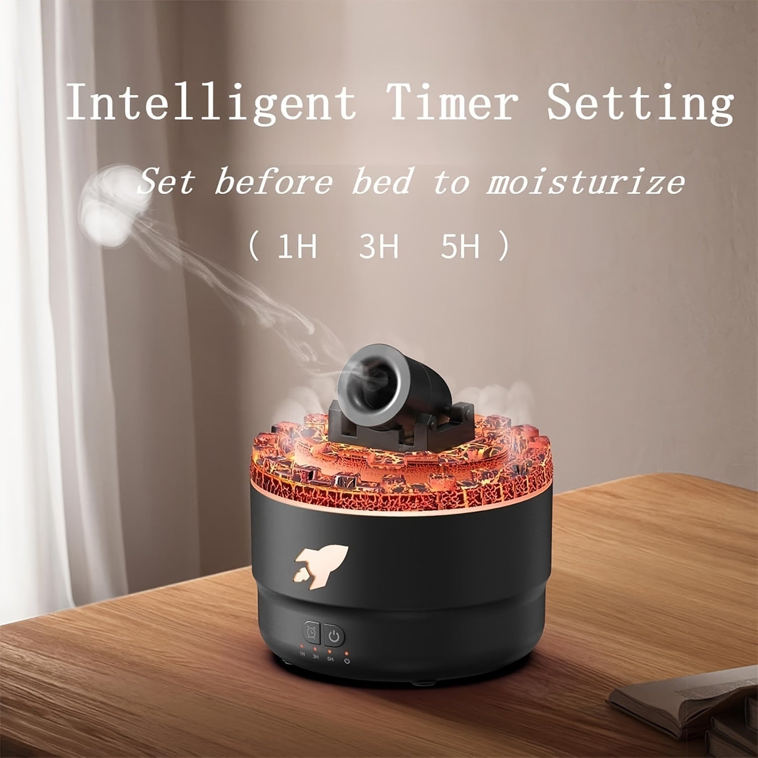 HighPeak HydroCannon humidifier with cannon-style mist dispenser and red LED base shooting vapor on wooden table